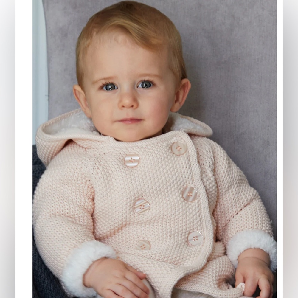 NWT The Little Tailor Baby  Girl’s Soft Pink Knitted Cotton Hooded Pram Coat